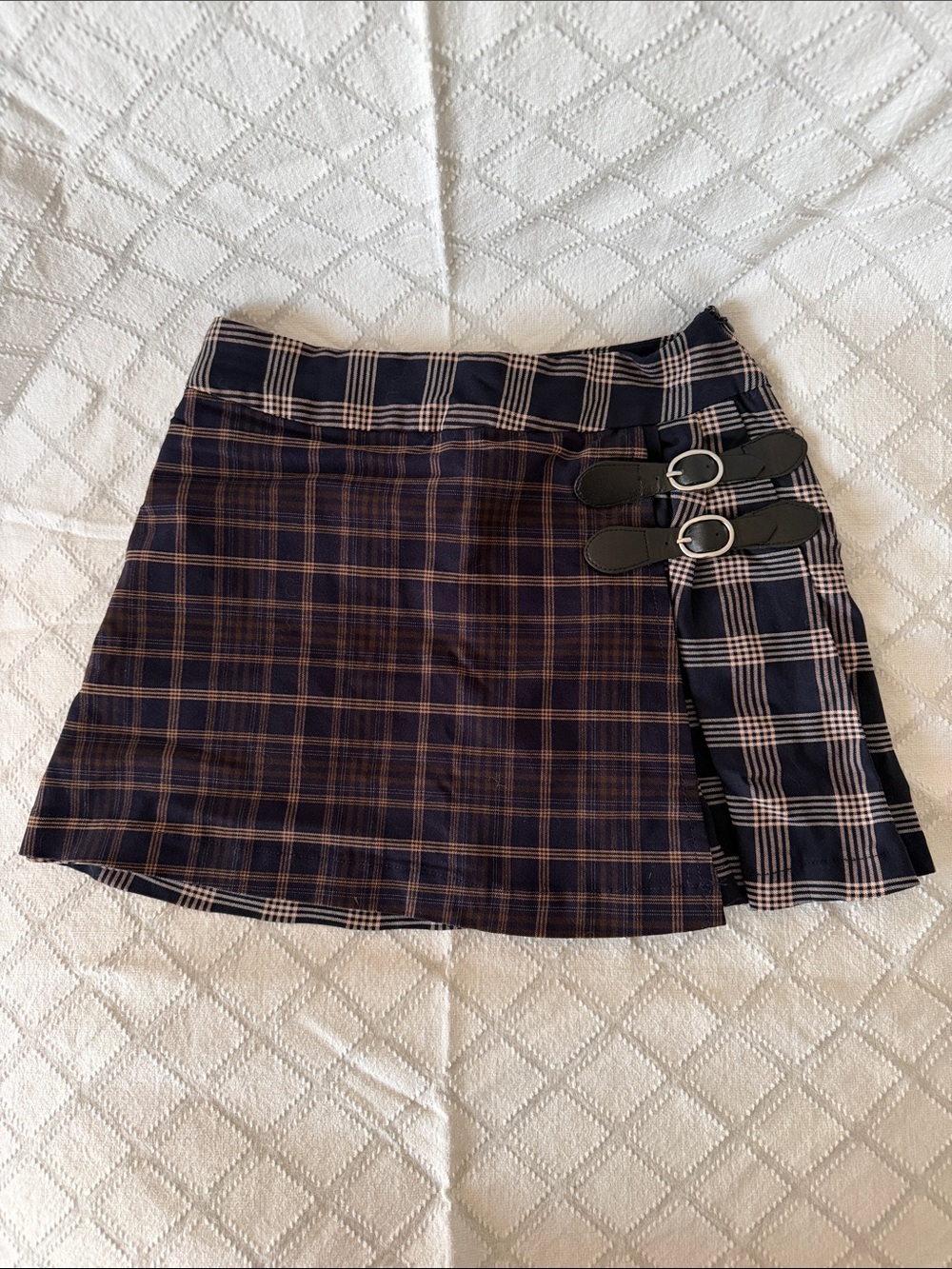 Forever 21 Navy and Brown Plaid Mini Skirt with Buckle Straps